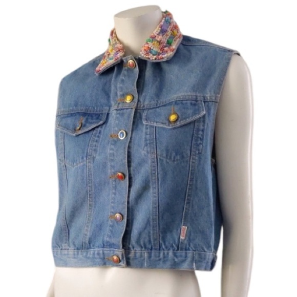 Vintage JouJou 80s 90s Rainbow Candy Look Sequin Beaded Collar Denim Vest ML - Picture 4 of 11